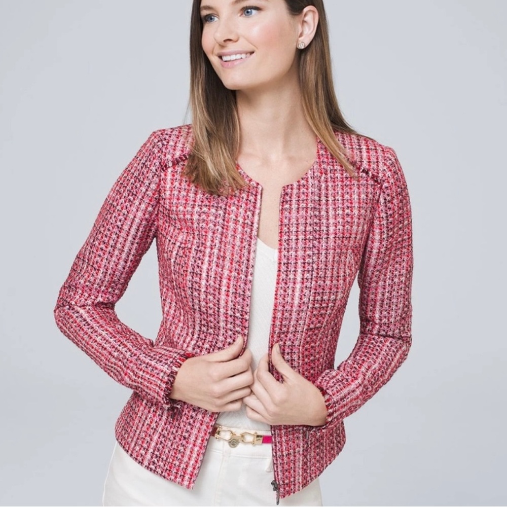 NWT White House Black Market Red and Pink Tweed Jacket, Size 8
